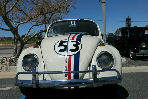 Classic white Herbie Beetle with racing stripes and the number 53