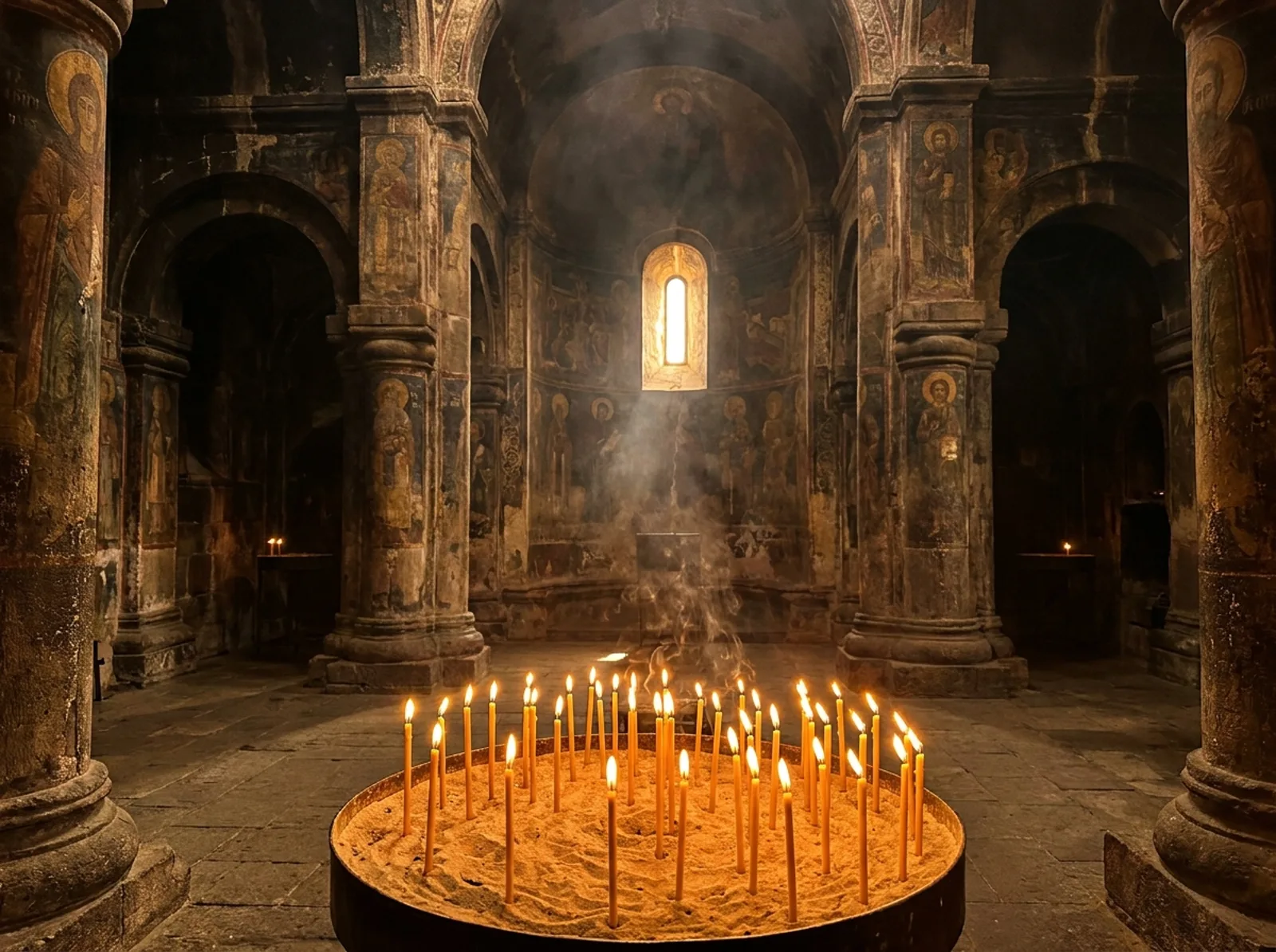 Candles glowing inside an ancient Armenian church