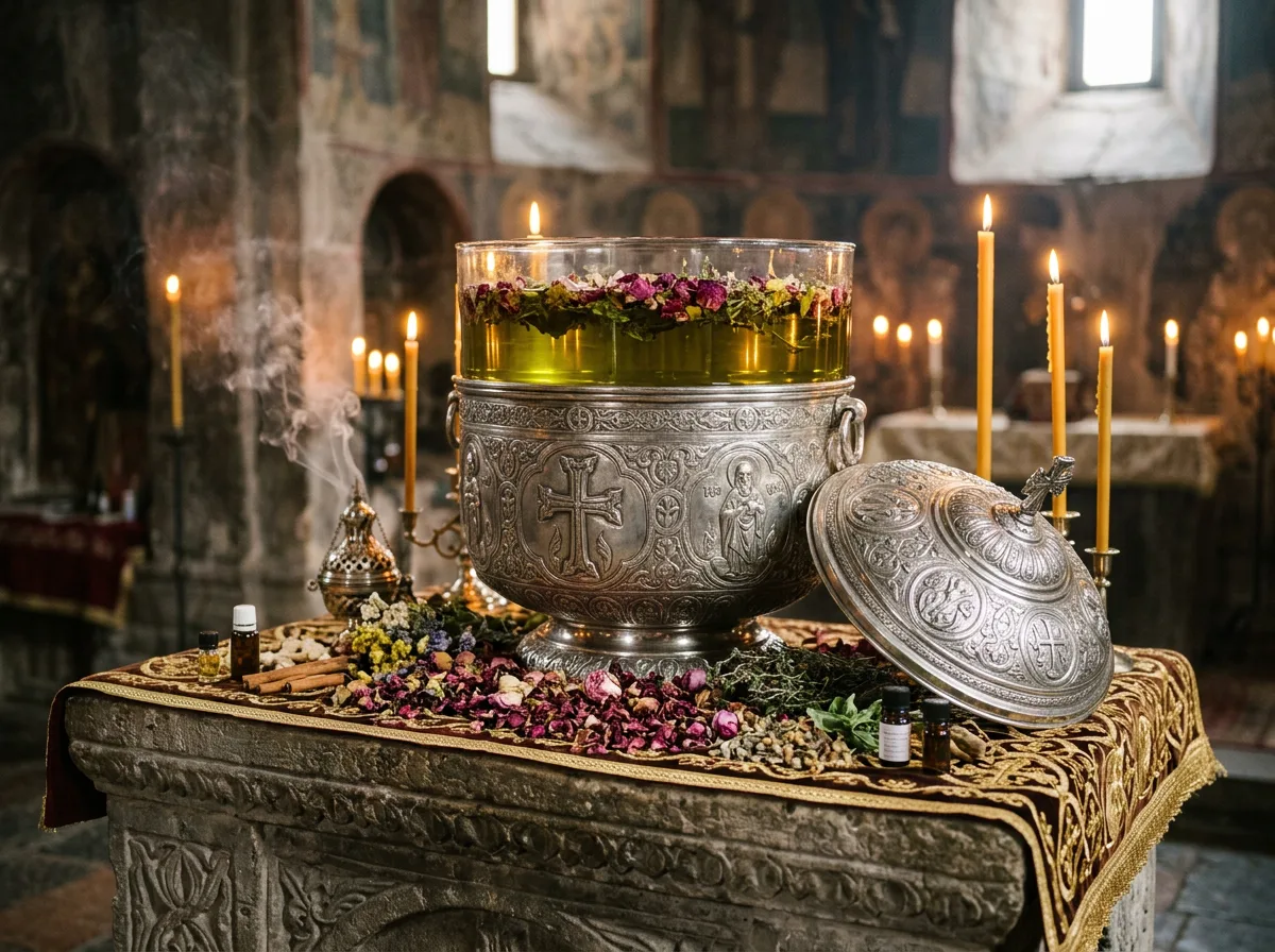 The engraved silver Holy Muron cauldron on a church altar, filled with holy oil and infused with flowers, herbs, and spices by candlelight
