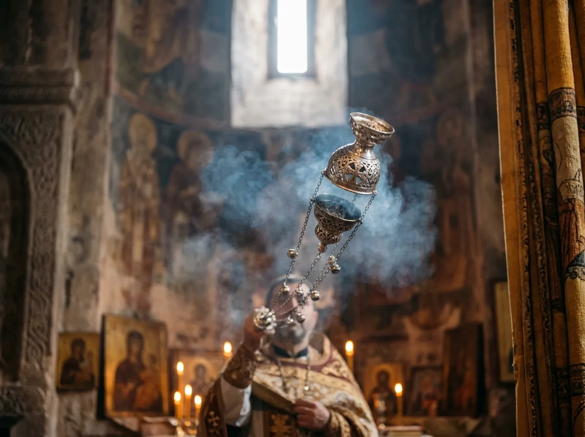 An Armenian priest swinging a silver censer as incense smoke rises in a shaft of light